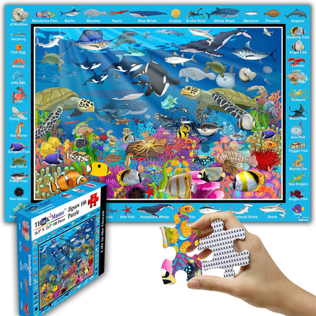 Think2Master Colorful Ocean Life 100 Pieces Jigsaw Puzzle Fun Educational Toy for Kids, School & Families. Great Gift for Boys & Girls Ages 4-8 to Stimulate Learning. Size:23.4” X 16.5” THINK2MASTER