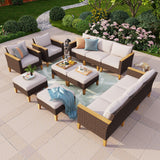 PHI VILLA 12 Seat Patio Furniture Set Outdoor Large 12 Pieces Wicker Conversation Sofa with Cushioned 2 x Single Rattan Sofa, 4 x Armrest Chair, 4 x Ottoman and 2 x Armless Chair, Beige PHI VILLA