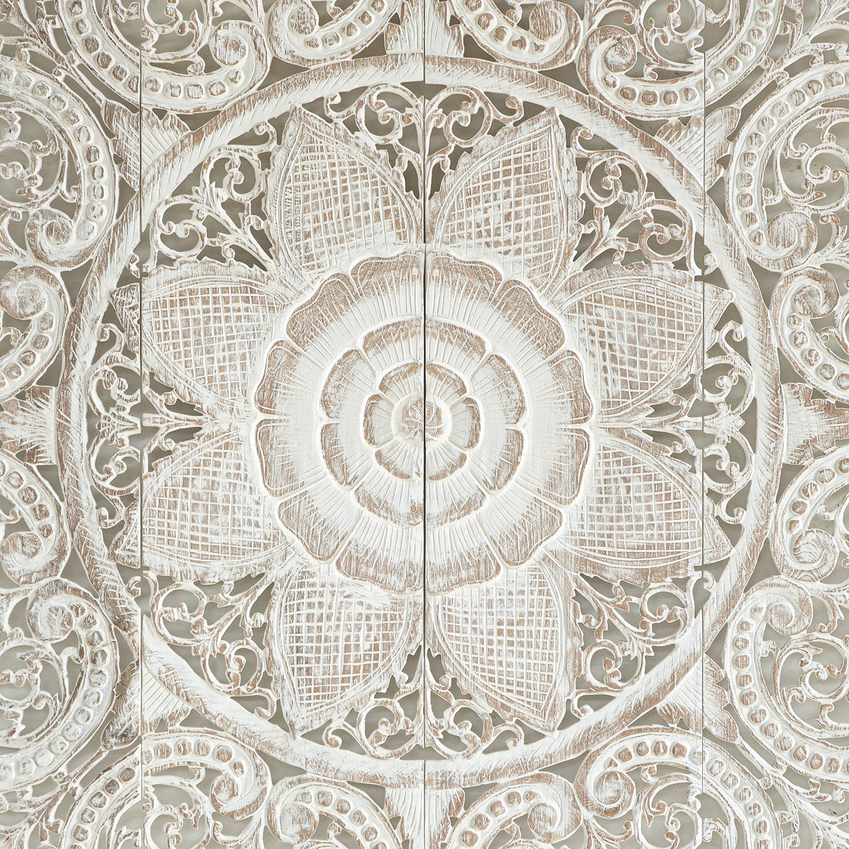 Wood Hand Carved Mandala King Size Headboard Wall Mounted Art Hanging Whitewash Bedroom Furniture Handcrafted in Thailand 72 Inches Siam Sawadee