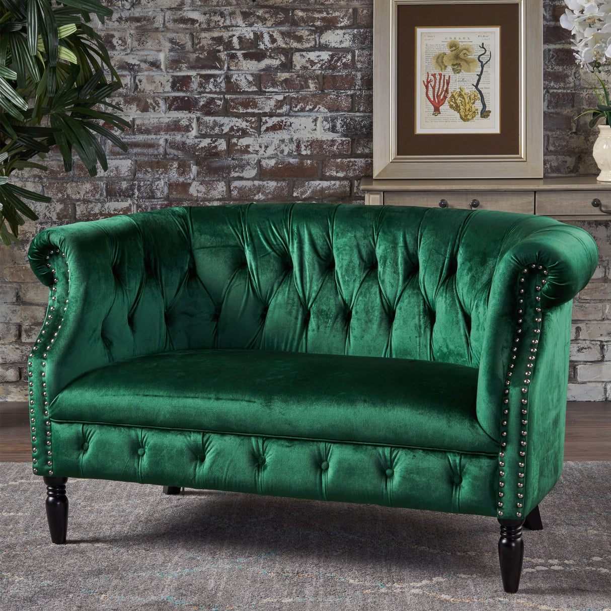 GDFStudio Melaina Tufted Chesterfield Velvet Loveseat with Scrolled Arms, Emerald and Dark Brown. GDFStudio