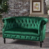 GDFStudio Melaina Tufted Chesterfield Velvet Loveseat with Scrolled Arms, Emerald and Dark Brown. GDFStudio
