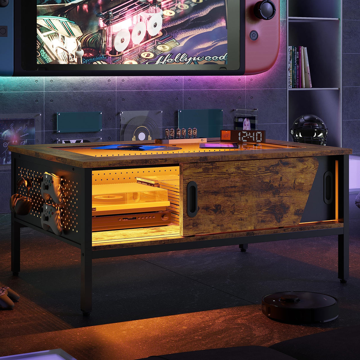 Bestier LED Coffee Table with Storage Glass Coffee Tables for Living Room with Sliding Doors, 42 Inch Rustic Brown Living Room Center Table Bestier