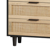 Henf Rattan 6 Drawer Dresser, Wood Dresser Chest with Wide Rattan Drawers, Modern Storage Chest of Drawers for Bedroom Living Room Hallway Entryway, 59 inches Wide (Black & Natural) Henf