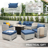 WAROOM Patio Furniture Set 6 Piece Outdoor Patio Set Grey Wicker Balcony Furniture Conversation Sets PE Rattan Couch Sofa with Fire Pit Table, Blue Cushion WAROOM