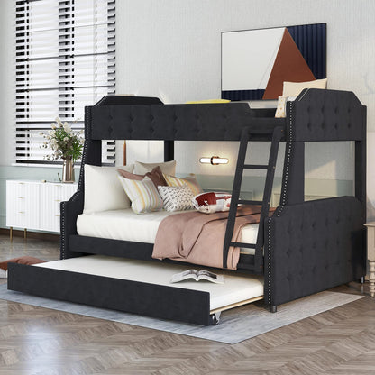 SkVLf Twin Over Full Bunk Bed with Trundle and Ladder, Tufted Button Design Upholstered Bunk Bed Frame with Headboard, Footboard and Slat Support (Velvet Fabric, Black) ，Queen Bed