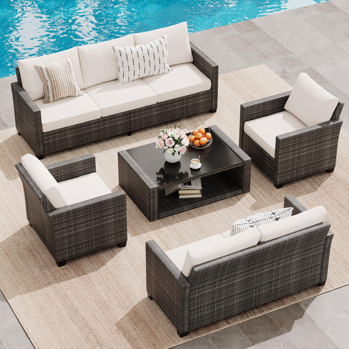 Garvee Patio Furniture Set 5 Pieces, 7-Seat PE Rattan Wicker Outdoor Sectional Patio Conversation Set with Waterproof Cusions and Coffee Table, Grey Rattan and Beige Cushion Garvee