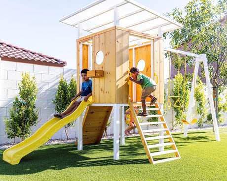 Avenlur Modern Outdoor Backyard Swing Set Children's Rock Climbing Wood Playground Playset 2 Belt Swings, Clubhouse Fort, Windows, Ladder, Wavy Slide Toddlers, Kids Climbers Play Adventure Rock 3-11yr Avenlur