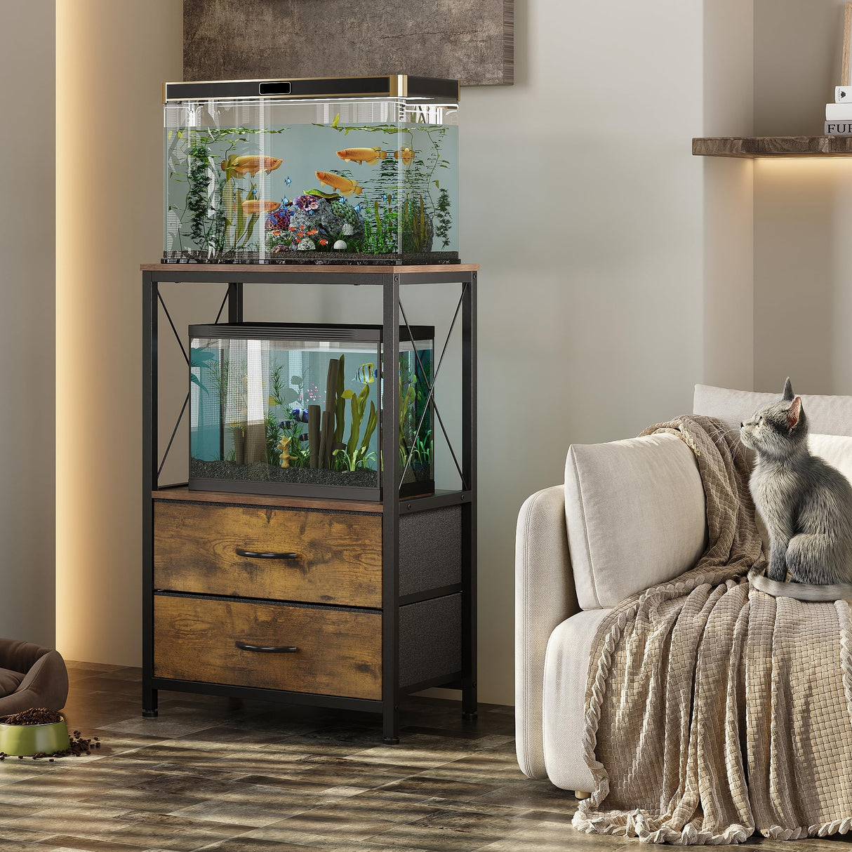 Welfuturer 10 Gallon Aquarium Stand with 2-Tier Shelf Fish Tanks Stand with 2 Drawers Metal Frame Heavy Duty Reptile TurtleTank Stand with Storage for Home Offic Fish Tank Accessories Storage, Brown Welfuturer