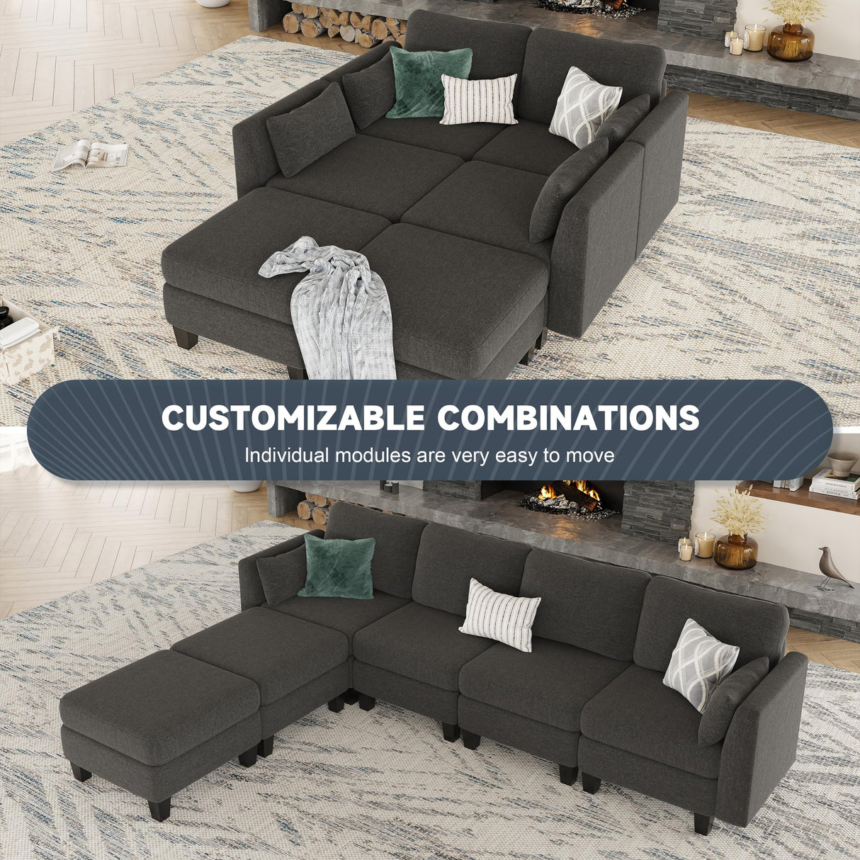 Huatean Home Modular Sectional Sofa, Convertible U Shaped Sofa Couch with High Density Memory Foam, 6 Seat Comfy Modular Sofa Couch for Living Room, Modern U Shaped Sectional Sofa, Dimgrey Huatean Home