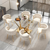 HAIZAO Modern Glass Dining Table Set for 6, 63'' Rectangular Tempered Tabletop with Aesthetic V Shape Gold Metal Base & 6 Beige Gold Woven Dining Chairs, 7 Piece Luxury Dining Table Set HAIZAO