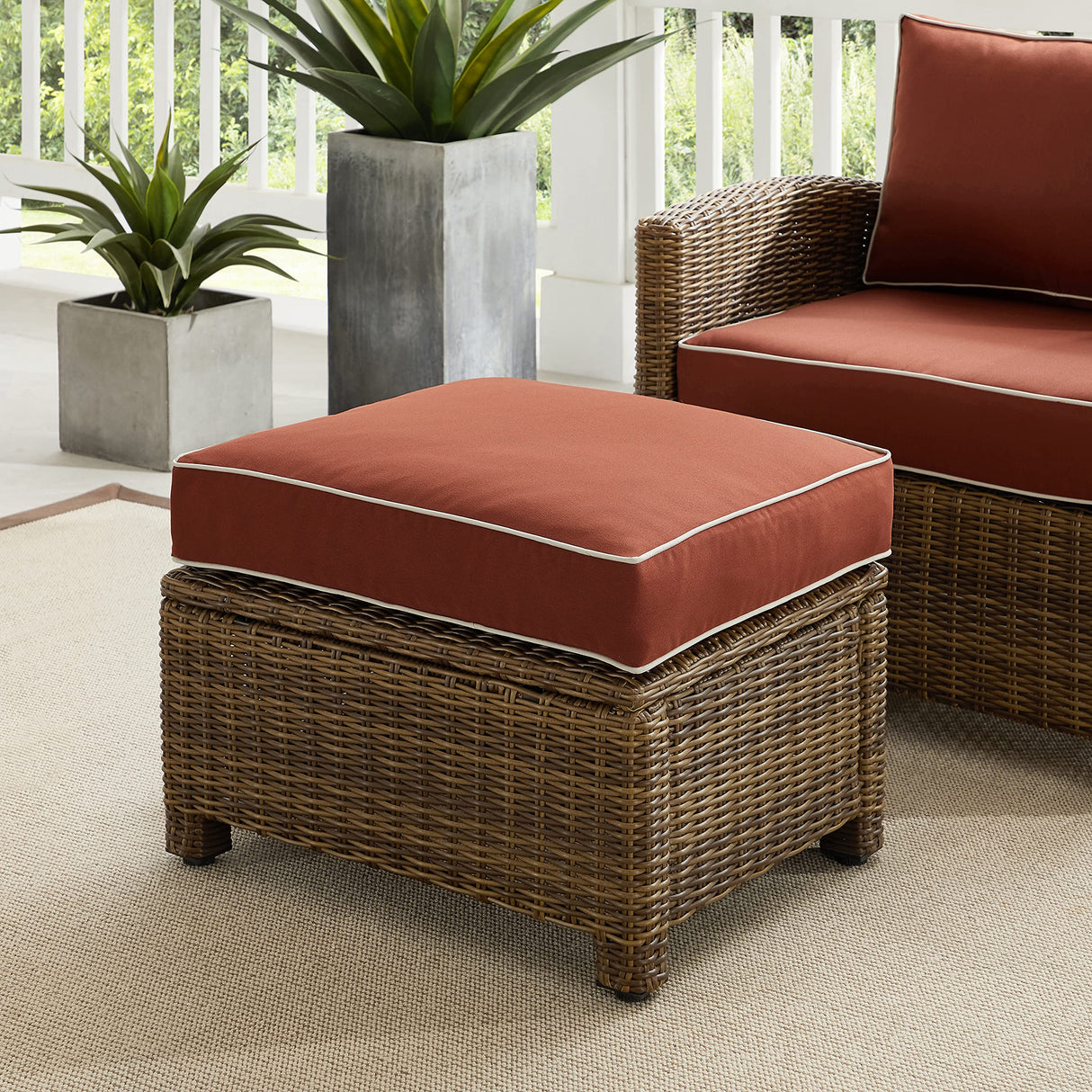 Crosley Furniture Bradenton Wicker Outdoor Ottoman Foot Rest for Patio, Deck, Porch, Brown with Sangria Cushions Crosley Furniture