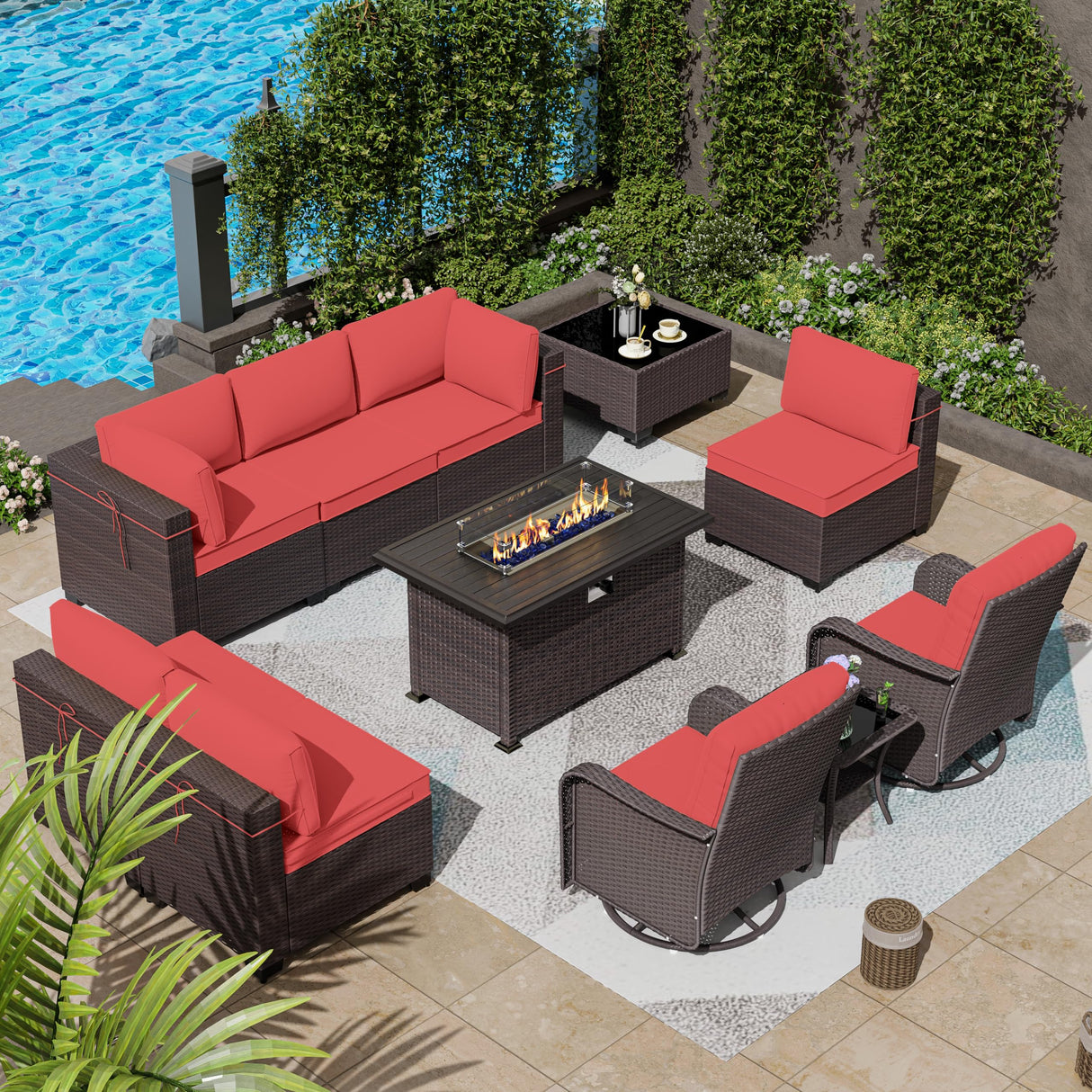 ASJMR 11 Pieces Patio Furniture Set with 2 Swivel Chairs Patio Furniture Outdoor Sectional Sofas with 55000 Gas Fire Pit Patio Conversation Set w/7-Cushions ASJMR