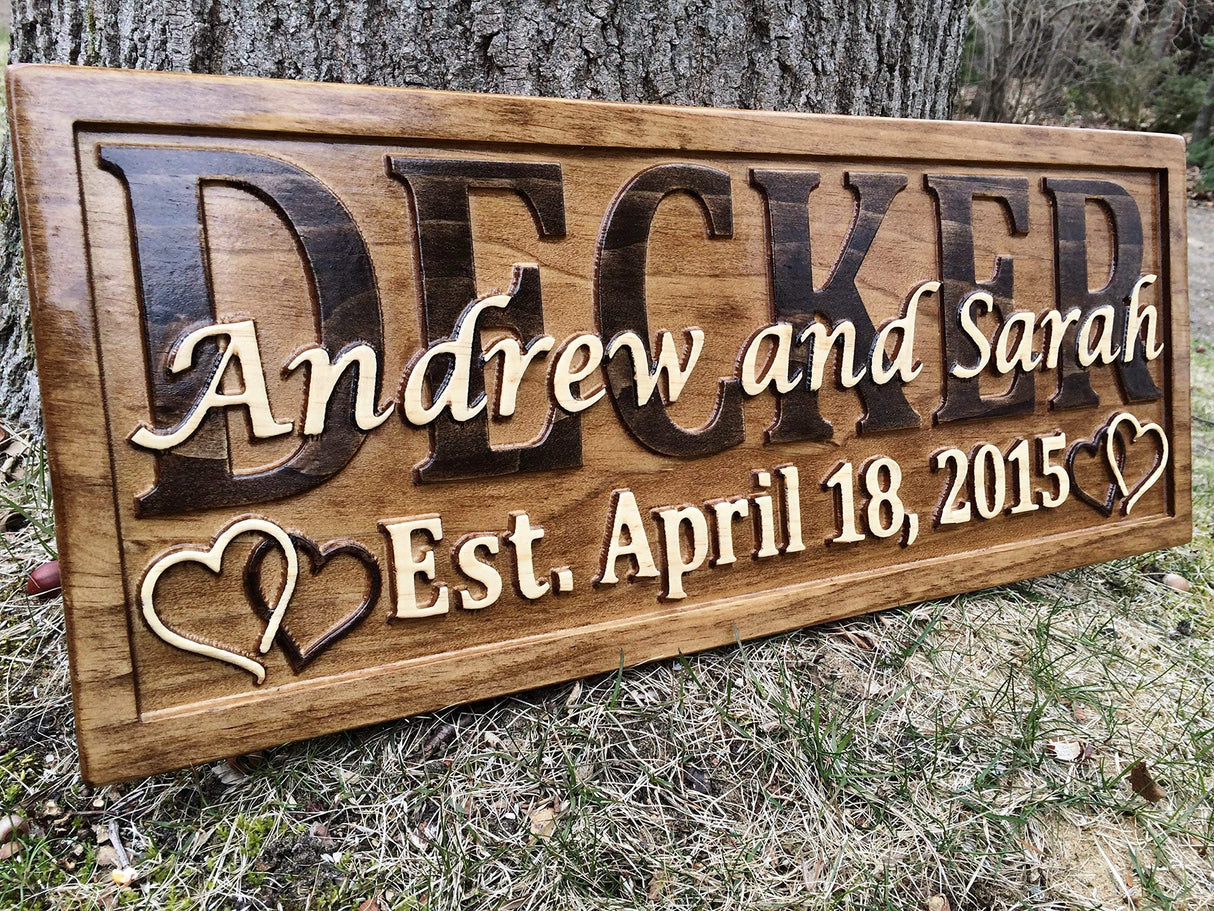 Personalized Wedding Gift Last Name Established Sign Family Name Signs Custom Wood Sign Carved Wooden Sign 3D Hearts 5 Year Anniversary Gift 3D Woodworker