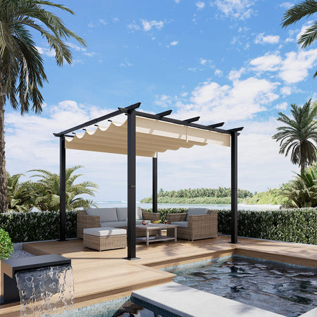 Luckyberry 10' X 10' Outdoor Retractable Pergola with Sun Shade Canopy Patio Metal Shelter for Garden Porch Beach Pavilion Grill Gazebo Modern Yard Grape Trellis Pergola, Beige LUCKYBERRY