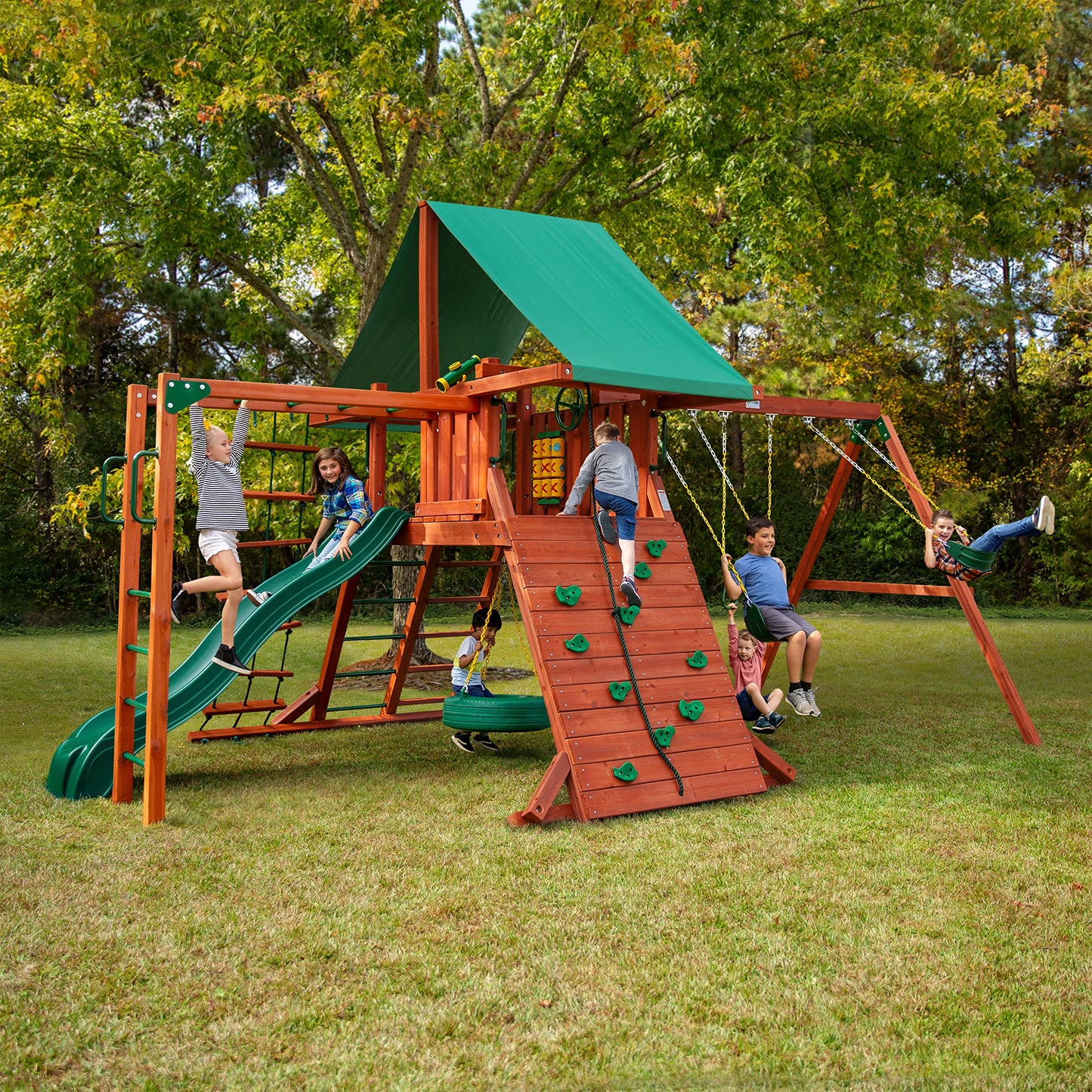 Gorilla Playsets 01-0011 Sun Valley II Wood Swing with Monkey Bars, Tire Swing, and Rock Wall, Redwood