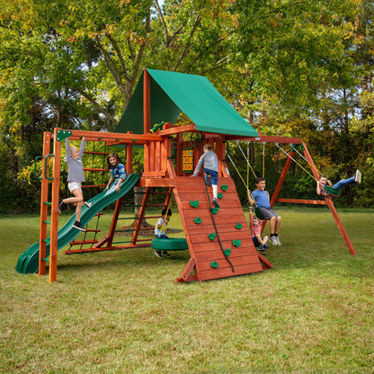 Gorilla Playsets 01-0011 Sun Valley II Wood Swing with Monkey Bars, Tire Swing, and Rock Wall, Redwood