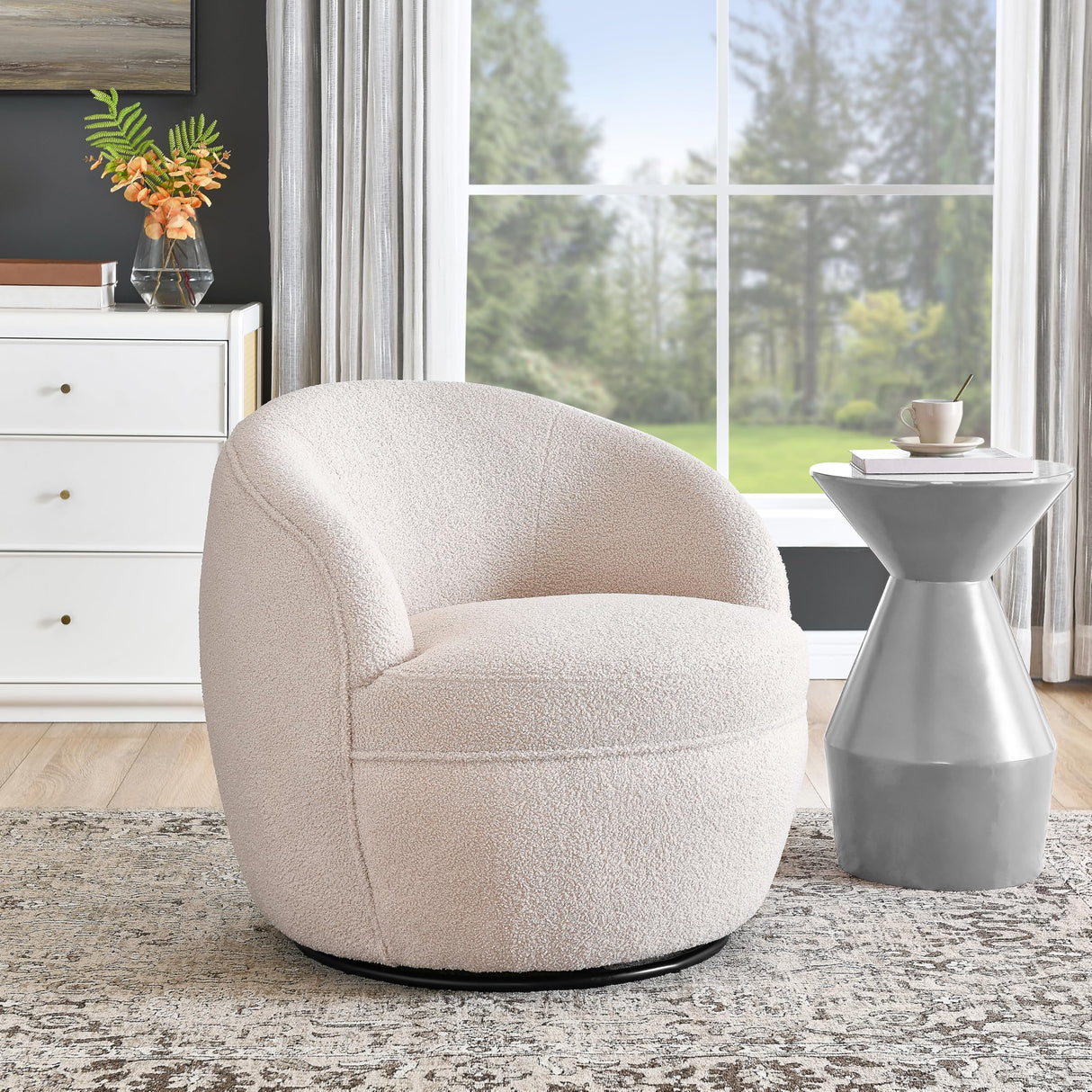 Roundhill Furniture Galleria 360 Swivel Teddy Sherpa Barrel Chair, Beige Roundhill Furniture