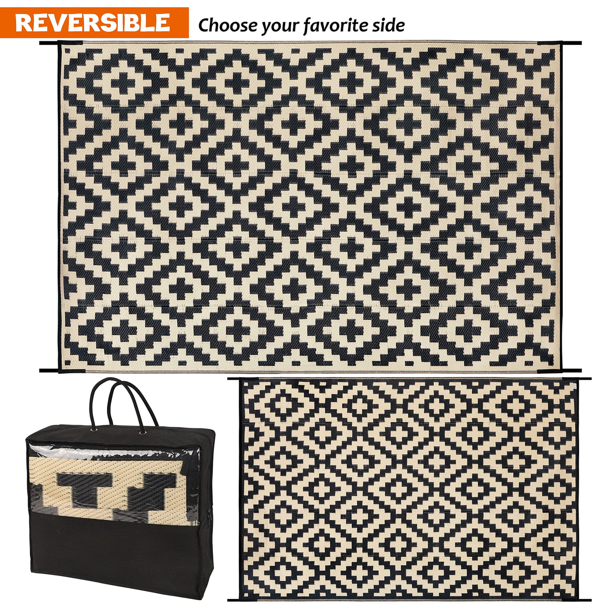 SAND MINE Reversible Mats, Plastic Straw Rug, Modern Area Rug, Large Floor Mat and Rug for Outdoors, RV, Patio, Backyard, Deck, Picnic, Beach, Trailer, Camping, Black & Beige, 6' x 9' SAND MINE