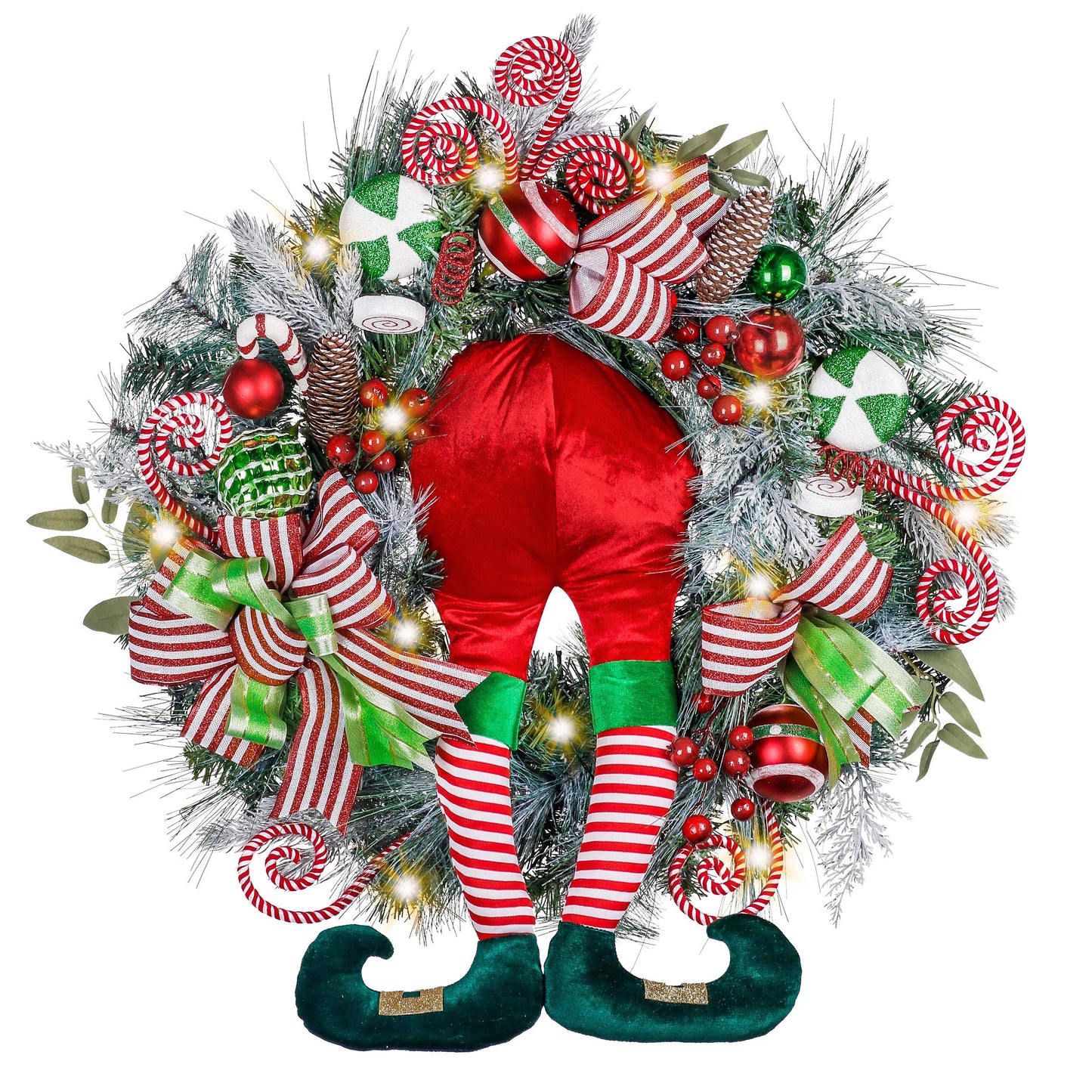 Valery Madelyn 30 Inch Pre-Lit Christmas Wreath for Front Door with Lights, Large Elf Lighted Christmas Wreath with Red Green White Xmas Ball for Fireplace Window Outdoor Table Centerpiece Decoration