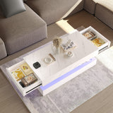 HOMFAMILIA LED Coffee Table with 2 Storage Drawers, Modern High Gloss White Coffee Table w/20 Colors LED Lights, 2 Tiers Rectangle Center Table for Living Room with Marbling Print, APP Control, White HOMFAMILIA