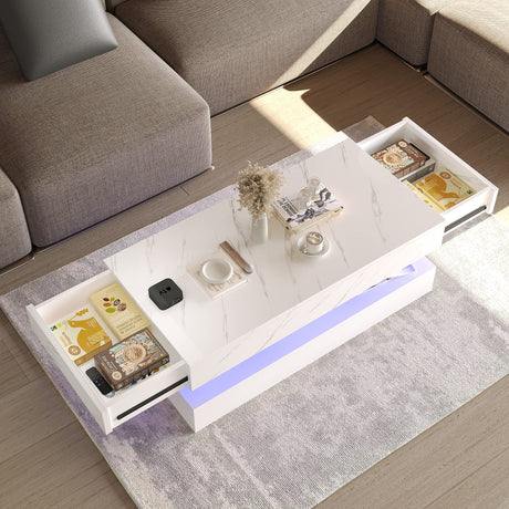 HOMFAMILIA LED Coffee Table with 2 Storage Drawers, Modern High Gloss White Coffee Table w/20 Colors LED Lights, 2 Tiers Rectangle Center Table for Living Room with Marbling Print, APP Control, White HOMFAMILIA