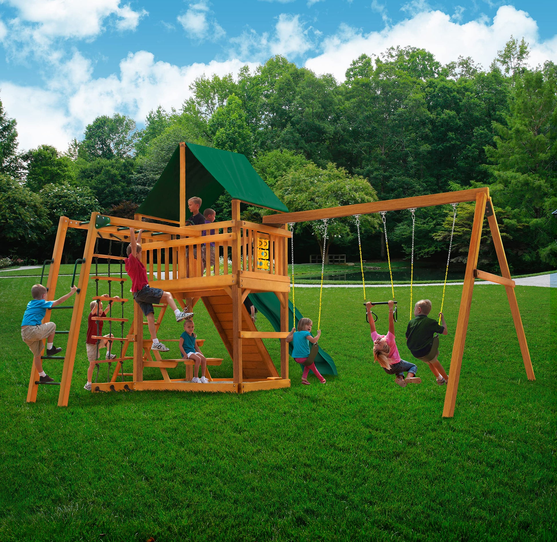 Gorilla Playsets 01-0020-AP-1 Navigator Wooden Swing Set with Deluxe Green Vinyl Canopy, Monkey Bars, Swings, and Slide, Brown - WoodArtSupply