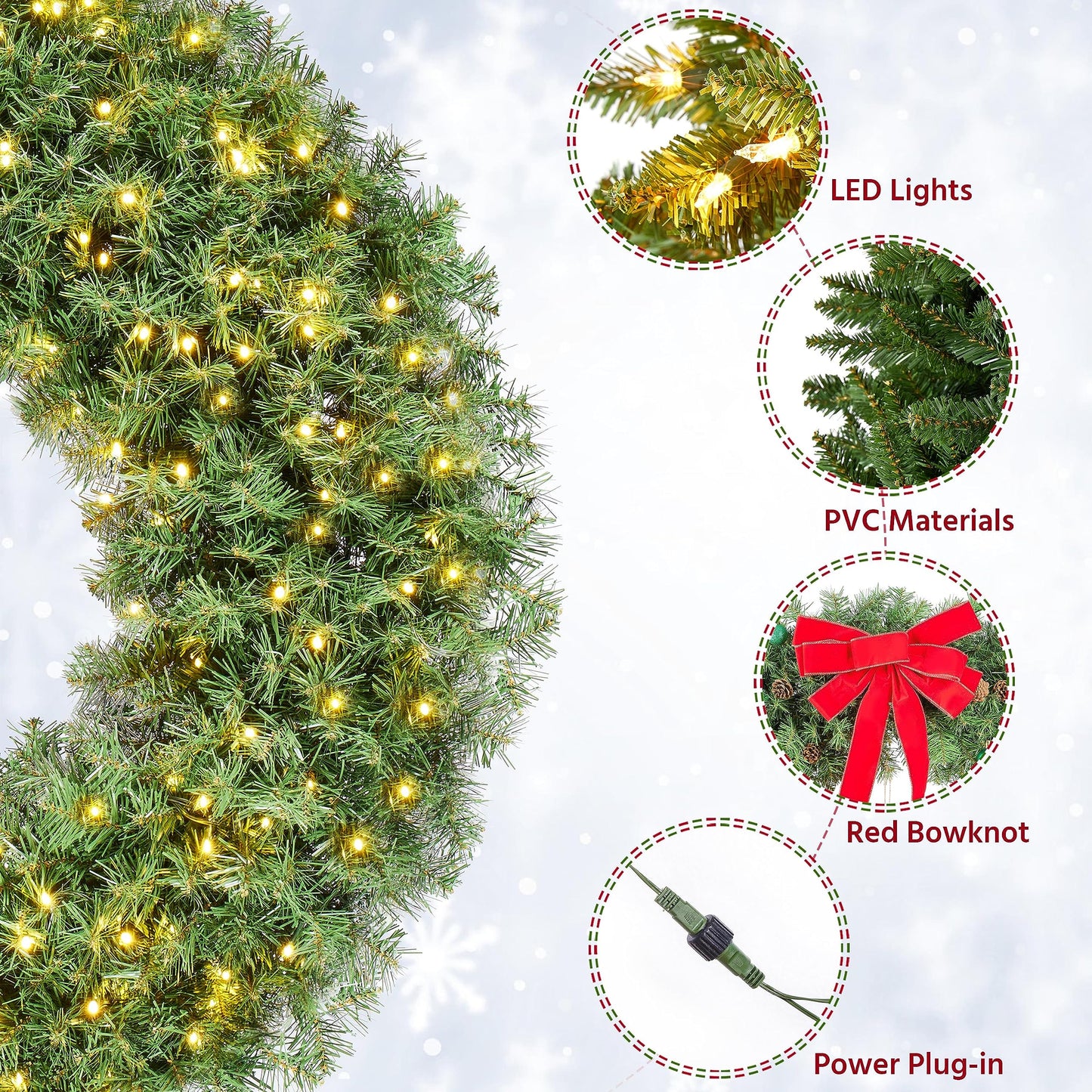 Yaheetech 2PCS 48in Large Artificial Christmas Wreath, Pre-lit Holiday Accent Decoration with Red Bow, 200 LED Lights & 720 PVC Tips, Metal Structure for Door Wall & Mantel