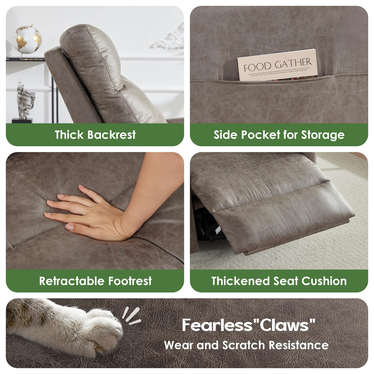 AYEASY Oversized Recliner Chair, Leather Swivel Rocking Chair Reclining with Phone Holder, Ergonomic Lazy Boy Fabric Sofa Chair with Lumbar Support, Manual Glider Chair for Living Room, RV, Grey AYEASY