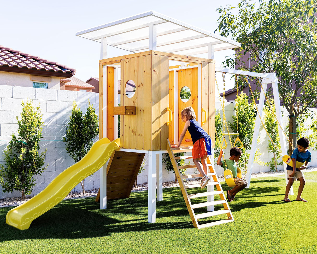 Avenlur Modern Outdoor Backyard Swing Set Children's Rock Climbing Wood Playground Playset 2 Belt Swings, Clubhouse Fort, Windows, Ladder, Wavy Slide Toddlers, Kids Climbers Play Adventure Rock 3-11yr Avenlur