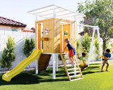 Avenlur Modern Outdoor Backyard Swing Set Children's Rock Climbing Wood Playground Playset 2 Belt Swings, Clubhouse Fort, Windows, Ladder, Wavy Slide Toddlers, Kids Climbers Play Adventure Rock 3-11yr Avenlur