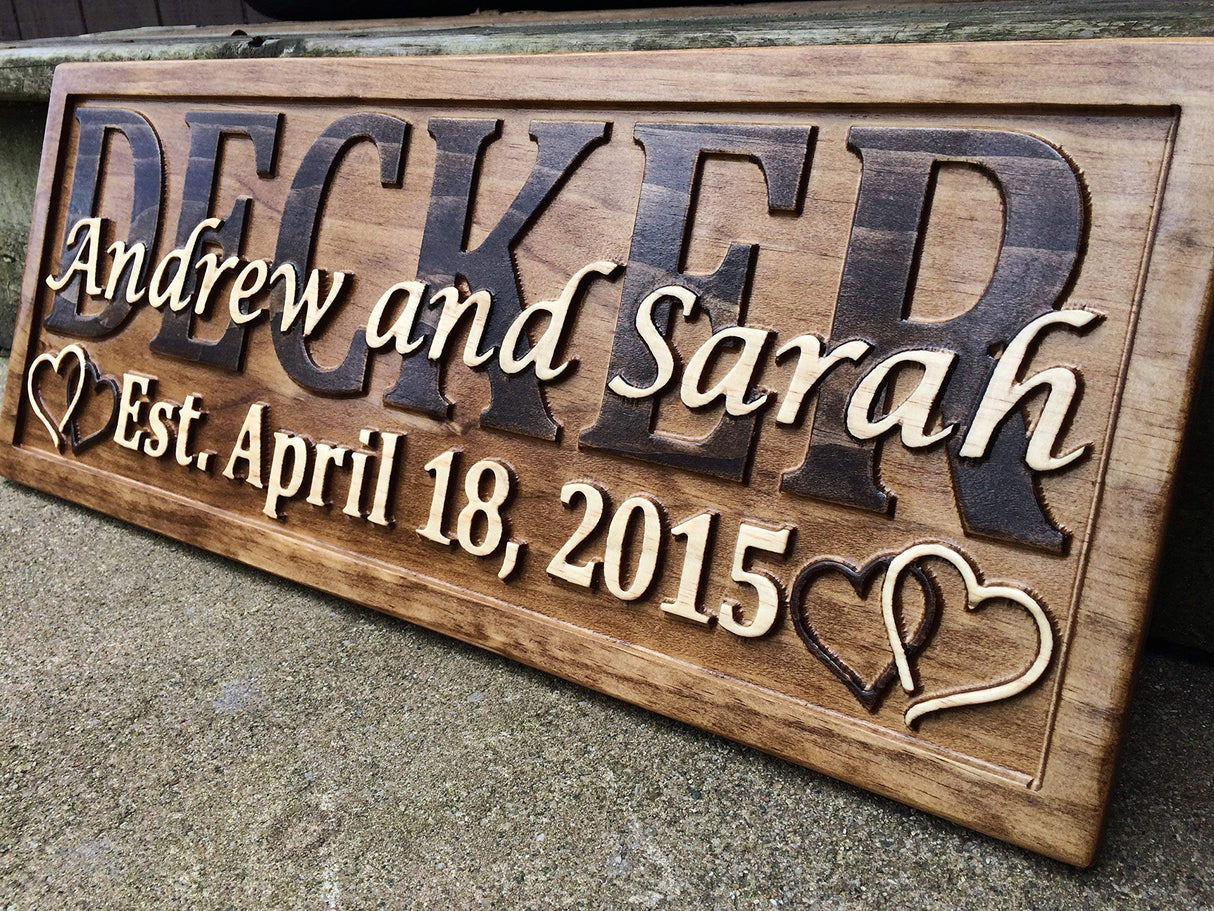 Personalized Wedding Gift Last Name Established Sign Family Name Signs Custom Wood Sign Carved Wooden Sign 3D Hearts 5 Year Anniversary Gift 3D Woodworker