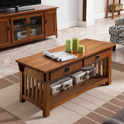 Leick Home 8204 Mission Impeccable Coffee Table for Living Room, Two Drawers and Shelf, Made with Solid Wood, Medium Oak Finish - WoodArtSupply