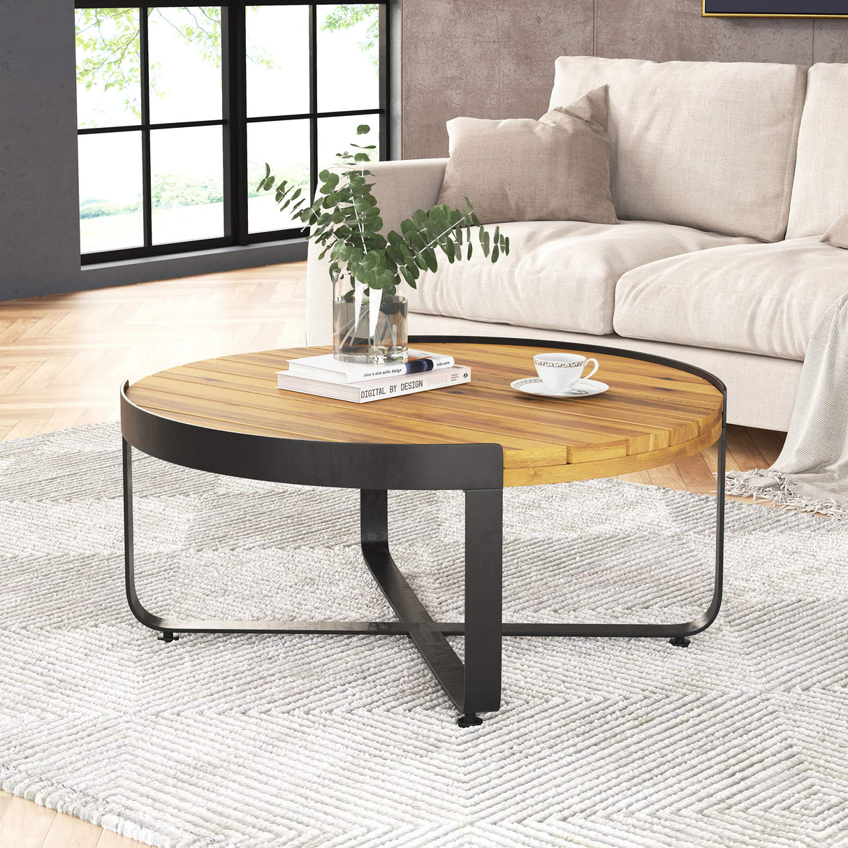 Christopher Knight Home Tracy Outdoor Modern Industrial Acacia Wood Coffee Table, Teak Finish, Black Christopher Knight Home