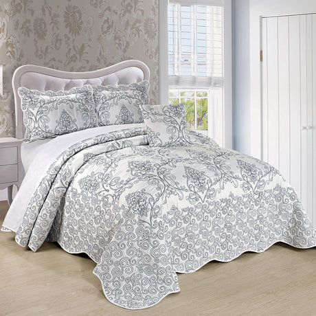 Home Soft Things Damask 4 Piece Bedspread Set, Scalloped Edge Reversible Quilt Coverlet Comforter Prewashed Bedding Set, Matelasse Embossed Floral Solid Pattern,White Oversize Queen(110" x 120") Home Soft Things