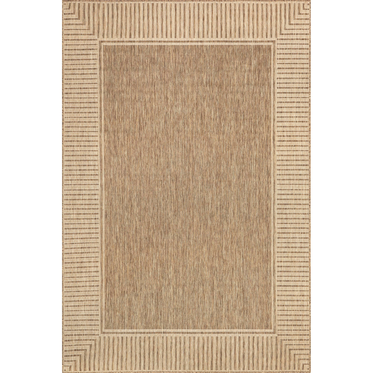 nuLOOM 4' x 6' Outdoor Area Rug, Casual Design With Striped Border, Stain Resistant, Highly Durable, For Patio, Balcony, Bedroom, Living Room, Dining Room, Bathroom, Light Brown nuLOOM