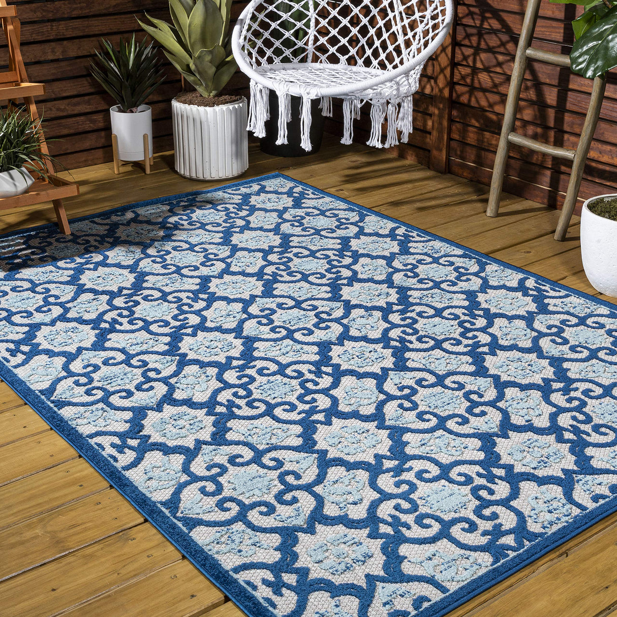 JONATHAN Y Tile Trellis Indoor Outdoor Area Rug 3X5 Light Gray/Blue, Gallia High-Low for Backyard, Patio, Porch, Easy-Cleaning, High Traffic, Pet-Friendly, Non-Shedding (AMC107B-3) JONATHAN Y