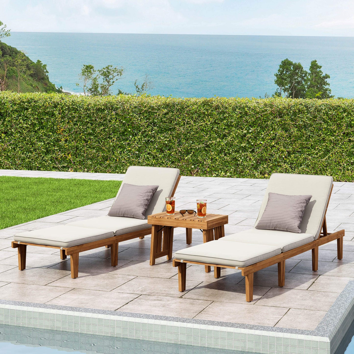 Christopher Knight Home Carlos Outdoor Acacia Wood 3 Piece Chaise Lounge Set, Teak Finish, Cream