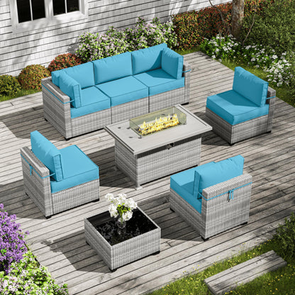 8-Piece Patio Furniture Set With Fire Pit Table, With 5" High-Resiliency Seat Cushions Light Grey Outdoor Modular Wicker Conversation Set, With 43in 55,000 Btu Propane Gas Fire Pit Table,Lake - WoodArtSupply