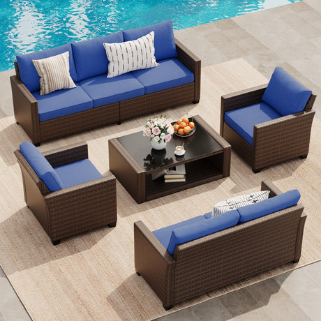 GarveeLife 5 Pieces Patio Furniture Set, 7-Seater Rattan Wicker Patio Conversation Sets with Coffee Table, Outdoor Sectional Patio Sofa Set, Brown Rattan and Blue Cushions GarveeLife