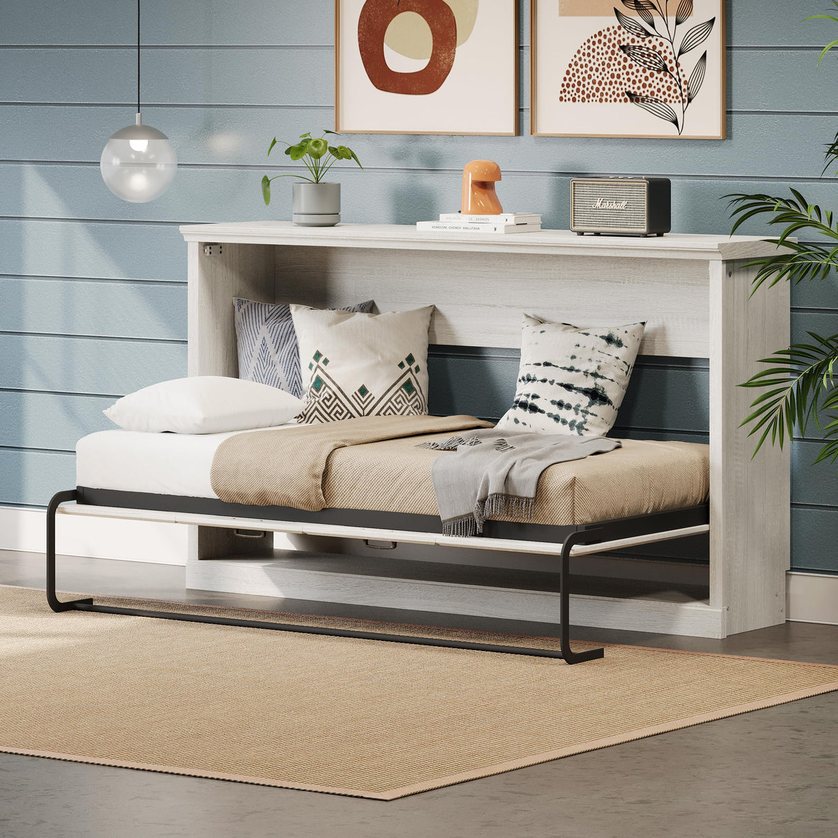 Merax Twin Size Murphy Bed Wall Bed, Folding into a Cabinet, Space Saving Bedroom Furniture for Multipurpose Guest Room, Home Office, Rustic White Merax