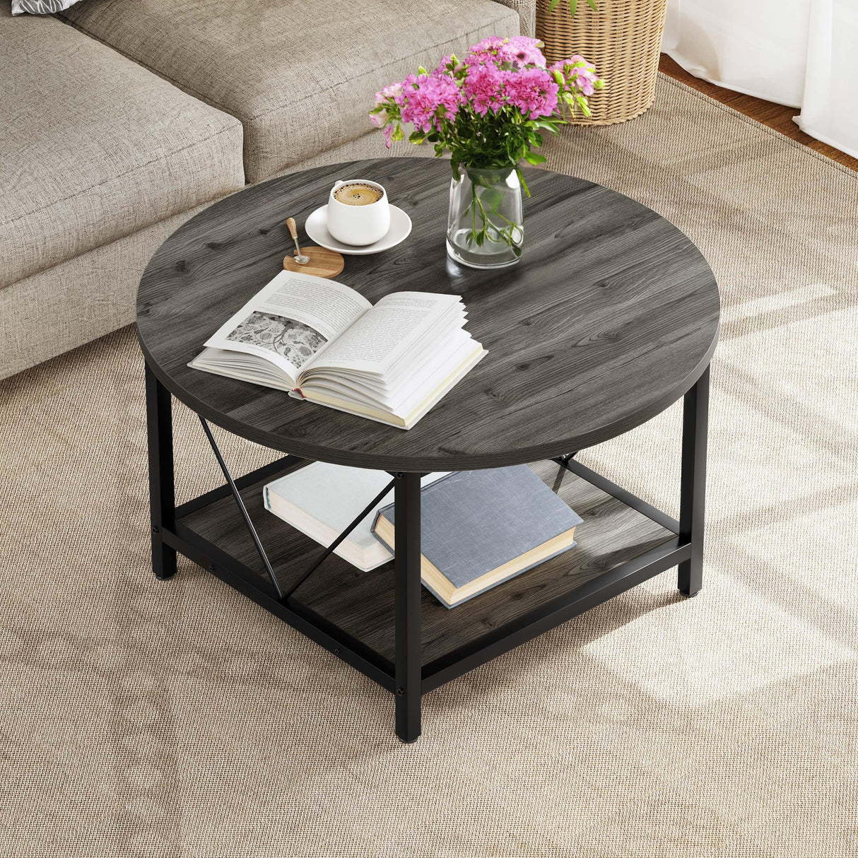 YITAHOME Coffee Tables for Living Room, Round Small Coffee Table with Storage, 2 Tier Modern Coffee Table, Wood Circle Center Table with Metal Frame, Dark Grey YITAHOME