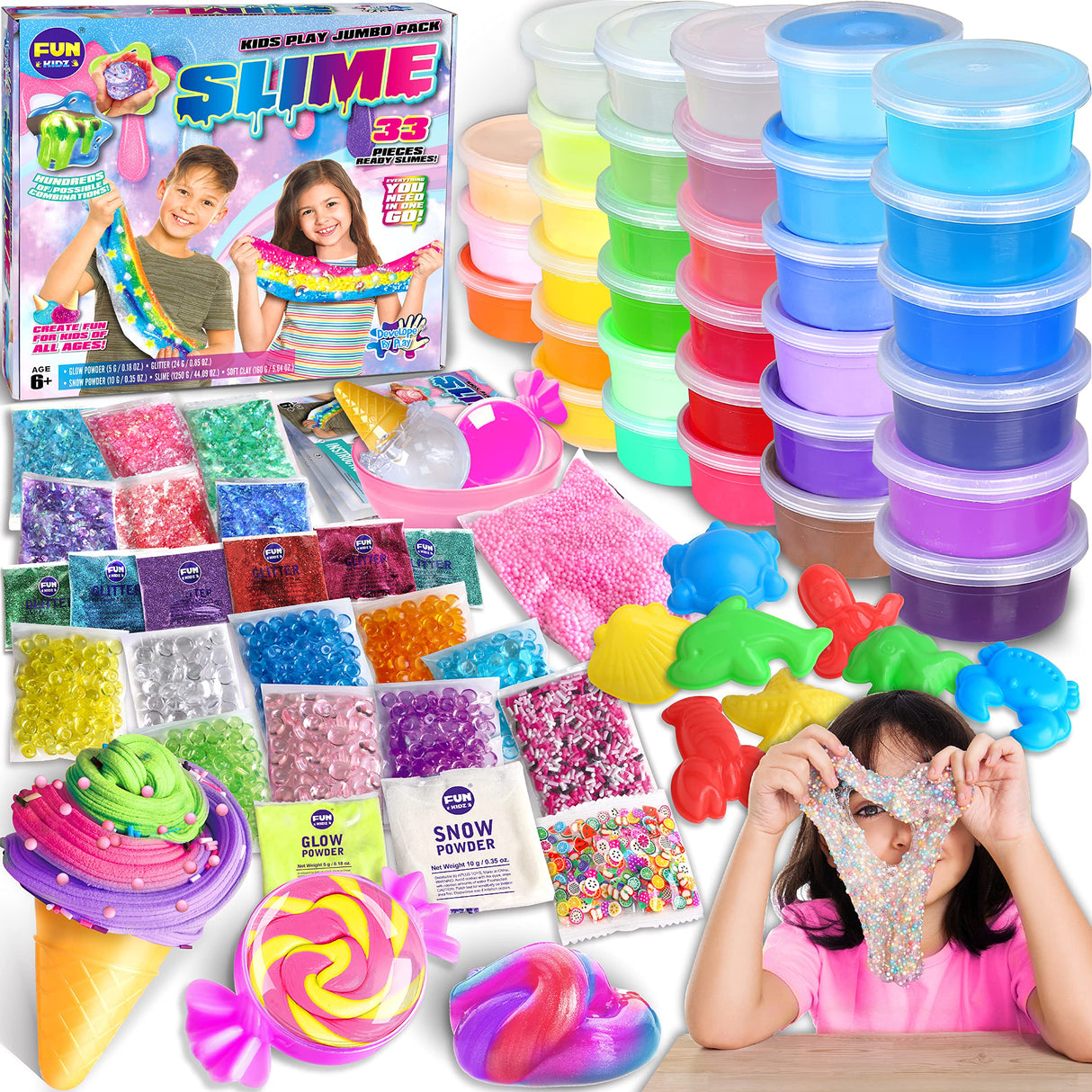 33 Cups Jumbo Slime Kit for Kids, FunKidz Premade Ultimate Slime Pack to DIY Soft, Cloud, Clear, Butter, Glitter, Glow in Dark Slime Making Kits Super Slime Party Favors Gift Toys for Girls and Boys FUN KIDZ