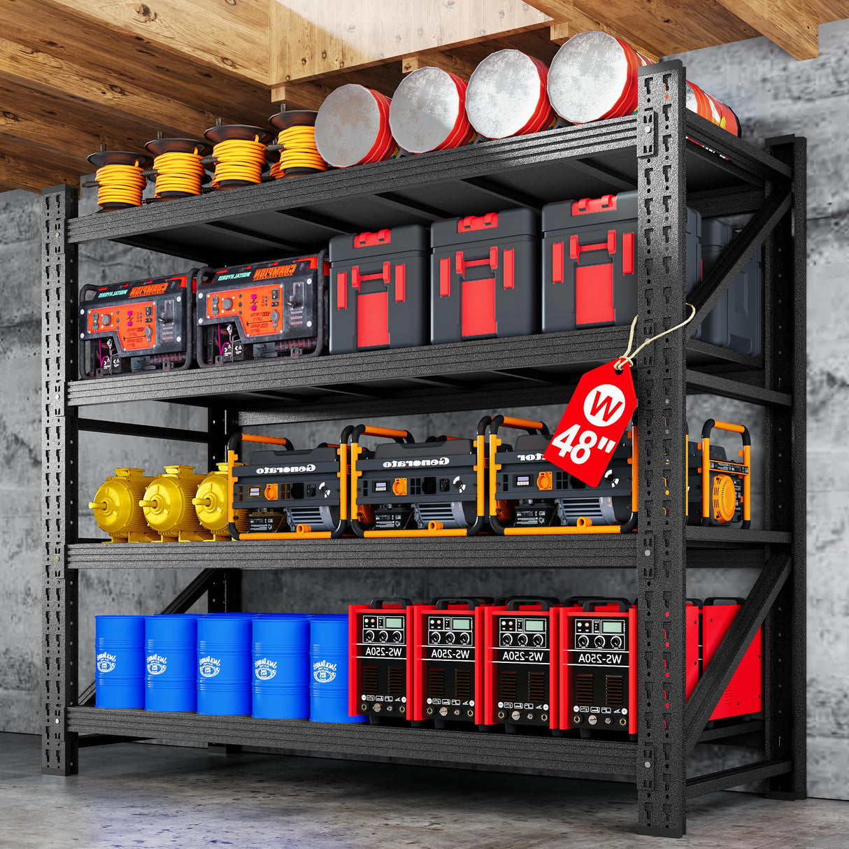 3000LBS Metal Storage Shelves, 48” W Heavy Duty Garage Shelving Units, 4 Tier Storage rack shelf, Steel Industrial Shelving , Adjustable Standing Shelf for Basement/Warehouse 48"W x 24"D x 70"H, Black AFAIF