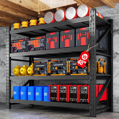 3000LBS Metal Storage Shelves, 48” W Heavy Duty Garage Shelving Units, 4 Tier Storage rack shelf, Steel Industrial Shelving , Adjustable Standing Shelf for Basement/Warehouse 48"W x 24"D x 70"H, Black AFAIF