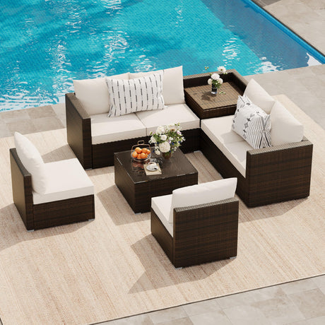 8 Pieces Outdoor Patio Furniture Set, Rattan Wicker Patio Conversation Sets with Cushions, Coffee Table and Storage Box, Outdoor Sectional Furniture Set for Balcony Porch Pool Backyard, Brown + Beige GarveeLife