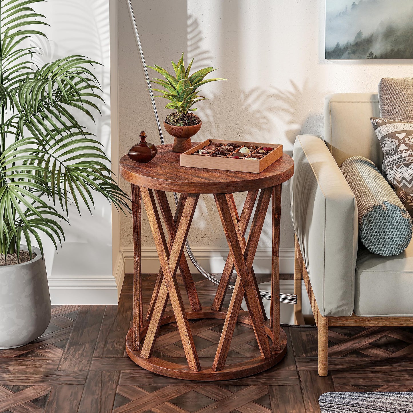 COZAYH Farmhouse End Table, Rustic Round Side Table with X-Motifs Legs, Wood Textured Top, for Boho, French Country Decor, Brown - WoodArtSupply