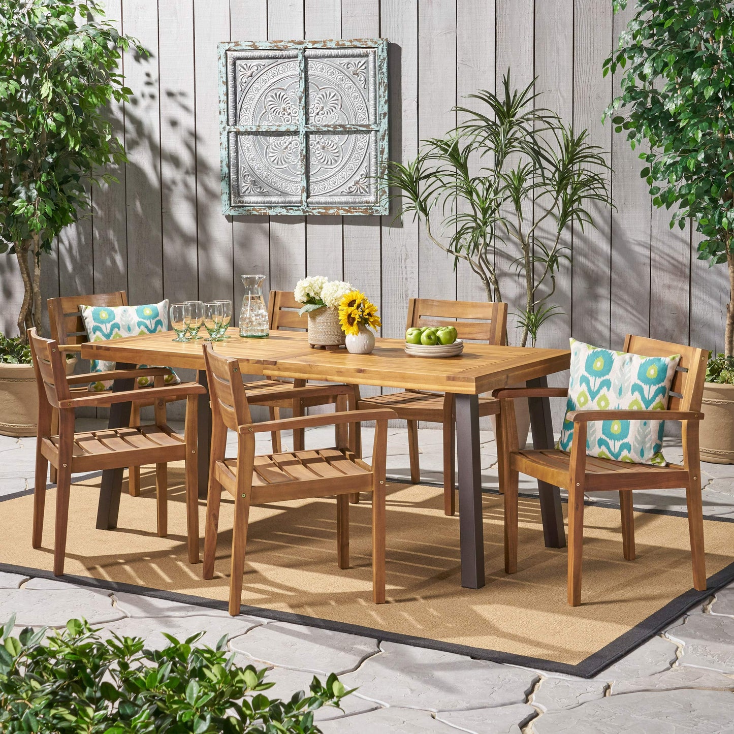 Christopher Knight Home Avon Outdoor Acacia Wood Dining Set, 7-Pcs Set, Teak Finish With Rustic Metal Accents - WoodArtSupply