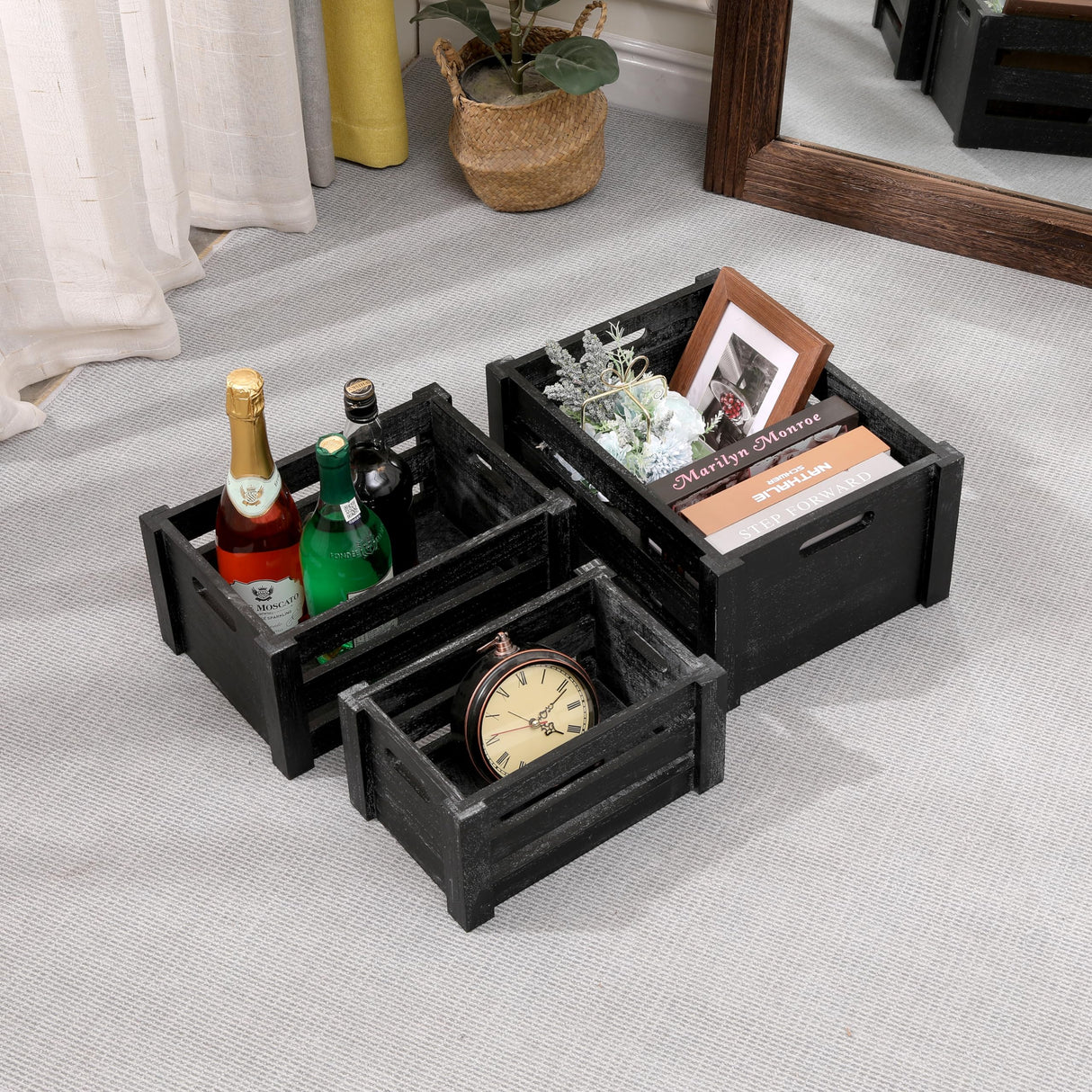 Large Classic Black Wooden Crates For Dispaly,Set Of 3 Wood Crates With Handles,Rustic Handmade Wood Boxes For Storage Or Display,Solid Wood Decrative Boxes (Classic Black) Bisaten