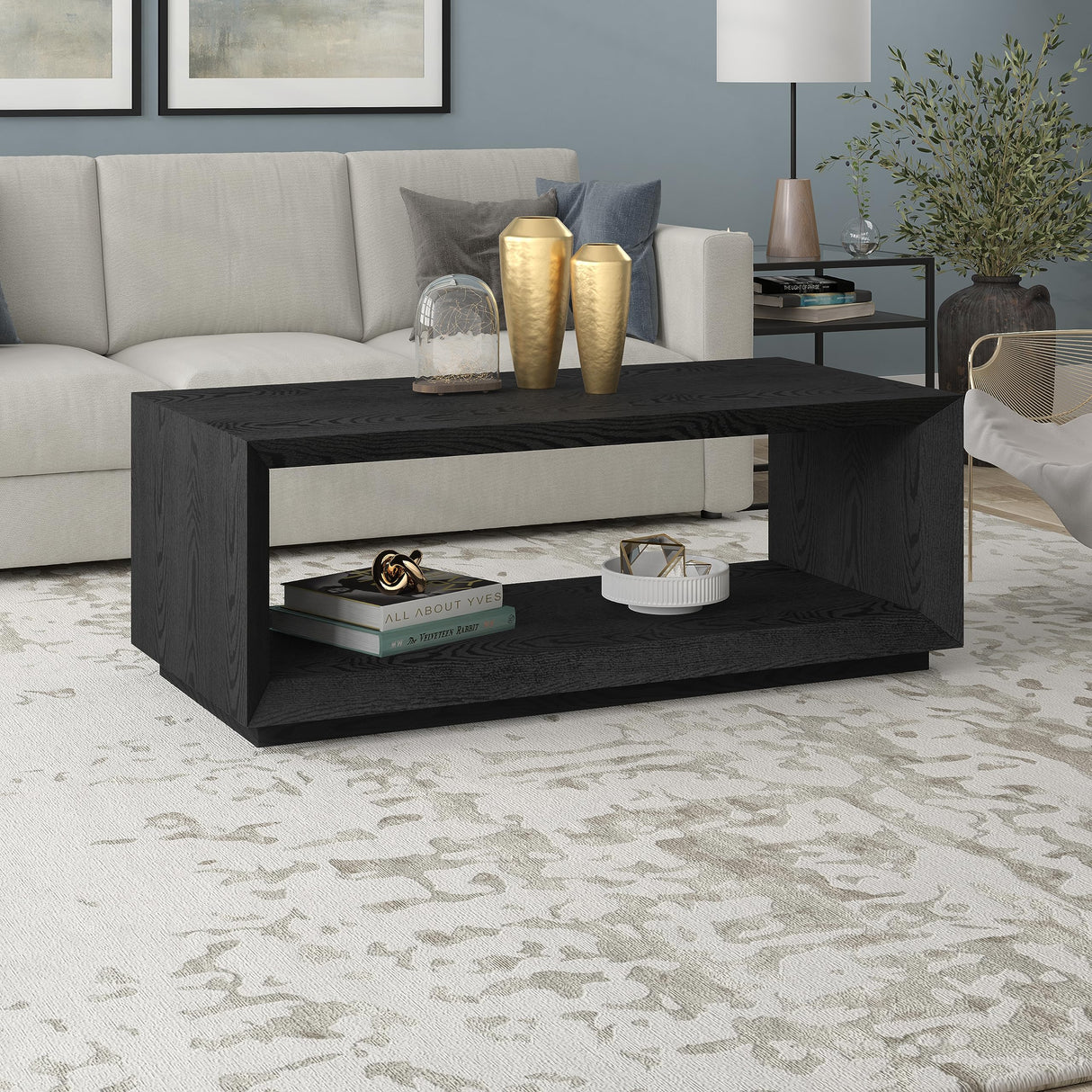 Henn&Hart 48" Rectangular Coffee Table with Open Storage Shelf for Living Room, Family Room, or Office, Black Grain Henn&Hart