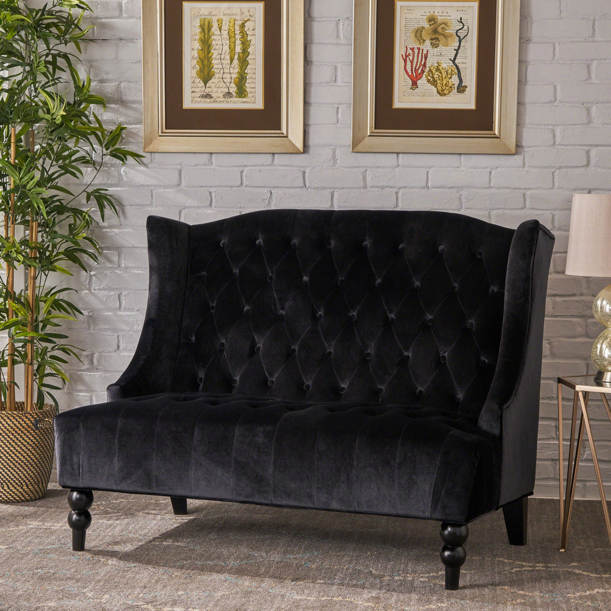 Christopher Knight Home Leora Modern Glam Tufted Velvet Wingback Loveseat, Black / Dark Brown Christopher Knight Home